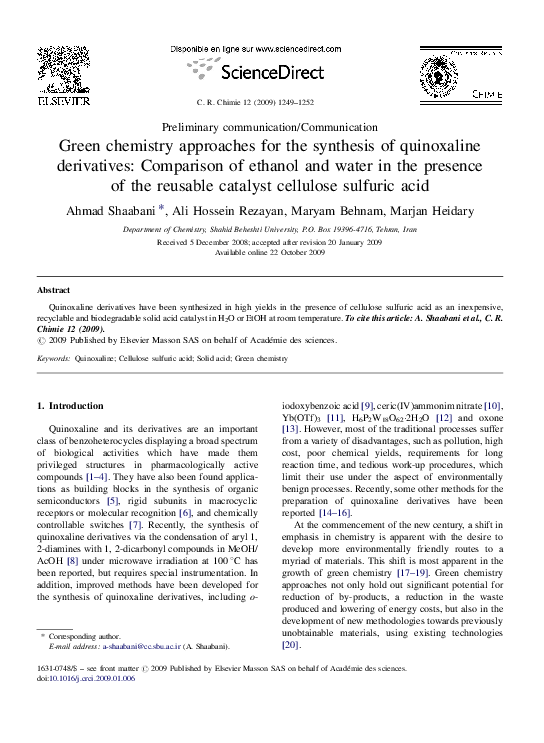 (PDF) Green chemistry approaches for the synthesis of quinoxaline ...