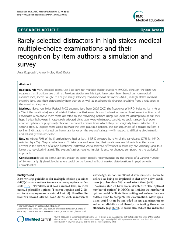 (PDF) Rarely selected distractors in high stakes medical multiple ...