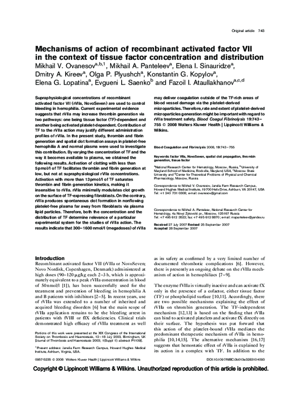 (PDF) Mechanisms of action of recombinant activated factor VII in the ...