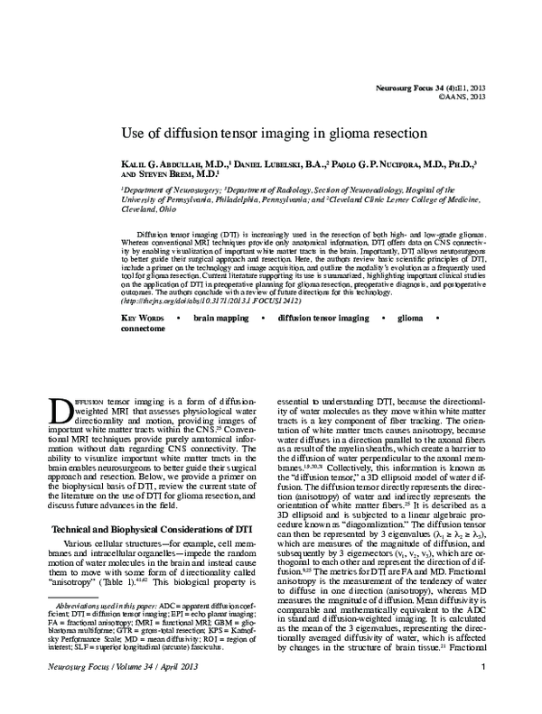 (PDF) Use of diffusion tensor imaging in glioma resection