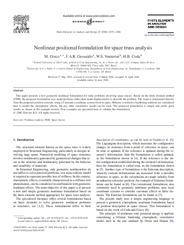 (PDF) Nonlinear positional formulation for space truss analysis
