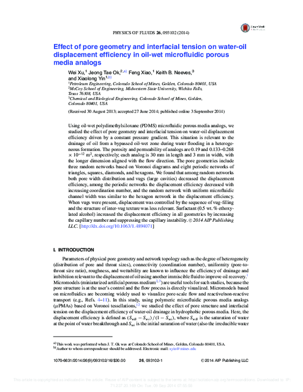 (PDF) Effect of pore geometry and interfacial tension on water-oil ...
