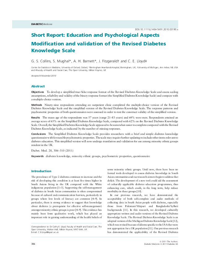 (PDF) Modification and validation of the Revised Diabetes Knowledge Scale