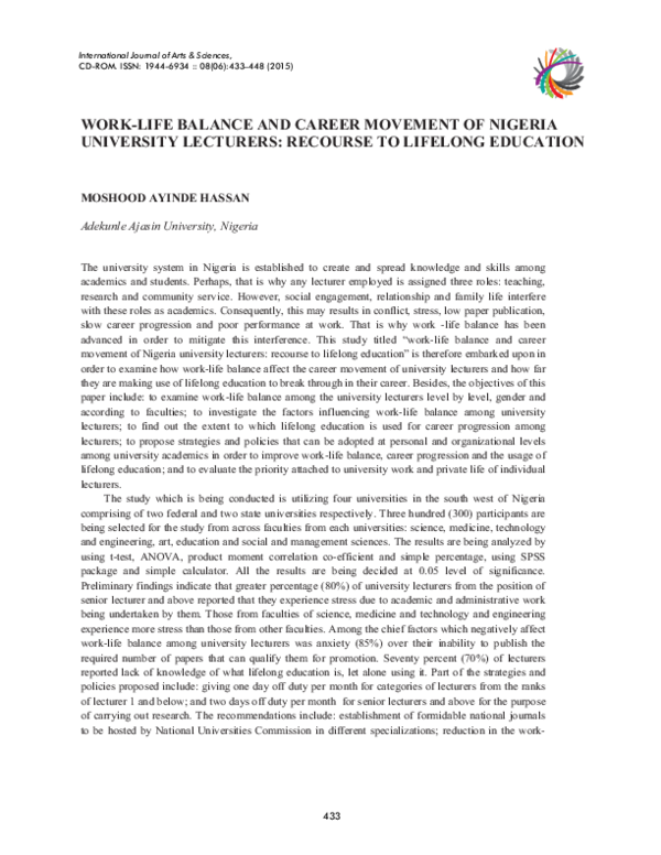 (PDF) WORK-LIFE BALANCE AND CAREER MOVEMENT OF NIGERIA UNIVERSITY ...