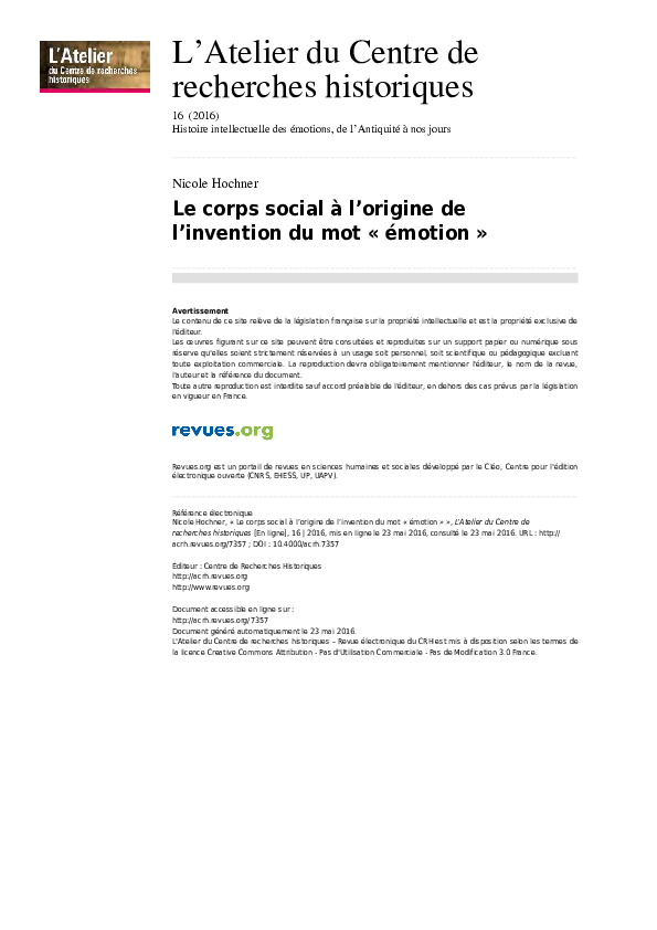 Le corps social à l’origine de l’invention du mot « émotion », La revue de l'Atelier du centre de recherches historique (CRH), 16 (June 2016), special issue on the intellectual history of emotions