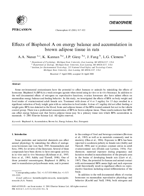 (PDF) Effects of Bisphenol A on energy balance and accumulation in ...