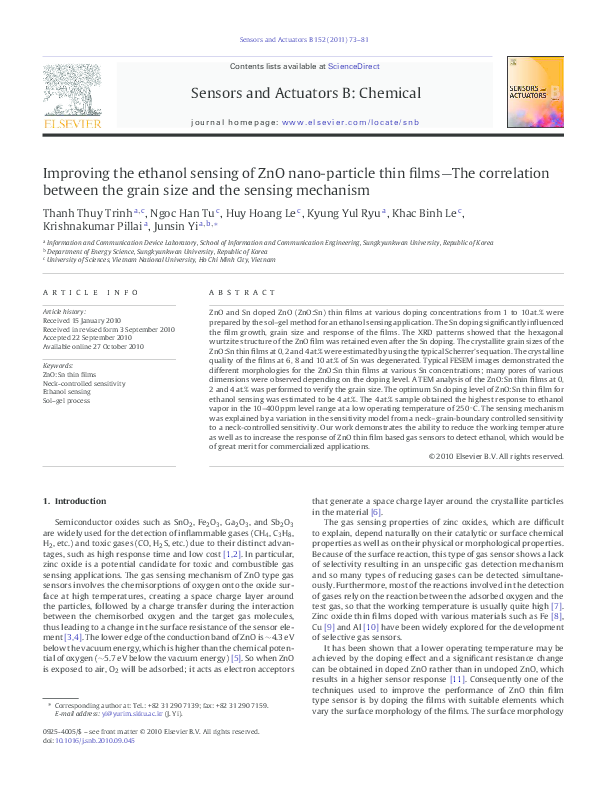 (PDF) Improving the ethanol sensing of ZnO nano-particle thin films-The ...