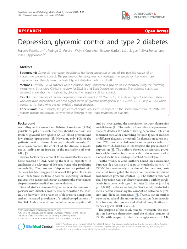 (PDF) Depression, glycemic control and type 2 diabetes