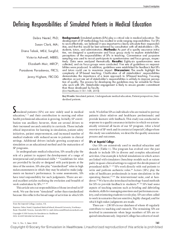Pdf Defining Responsibilities Of Simulated Patients In Medical Education
