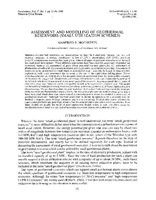 (PDF) Assessment and modelling of geothermal reservoirs (small ...