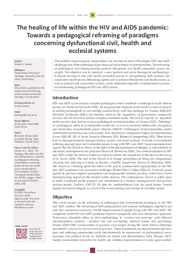 (PDF) The healing of life within the HIV and AIDS pandemic: Towards a ...