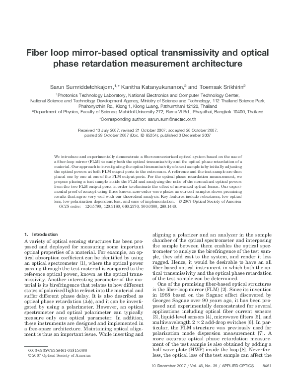 (PDF) Fiber loop mirrorbased optical transmissivity and optical phase