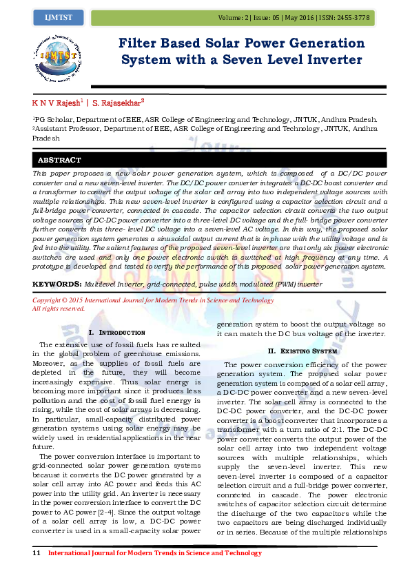 (PDF) Filter Based Solar Power Generation System with a Seven Level Inverter IJMTST