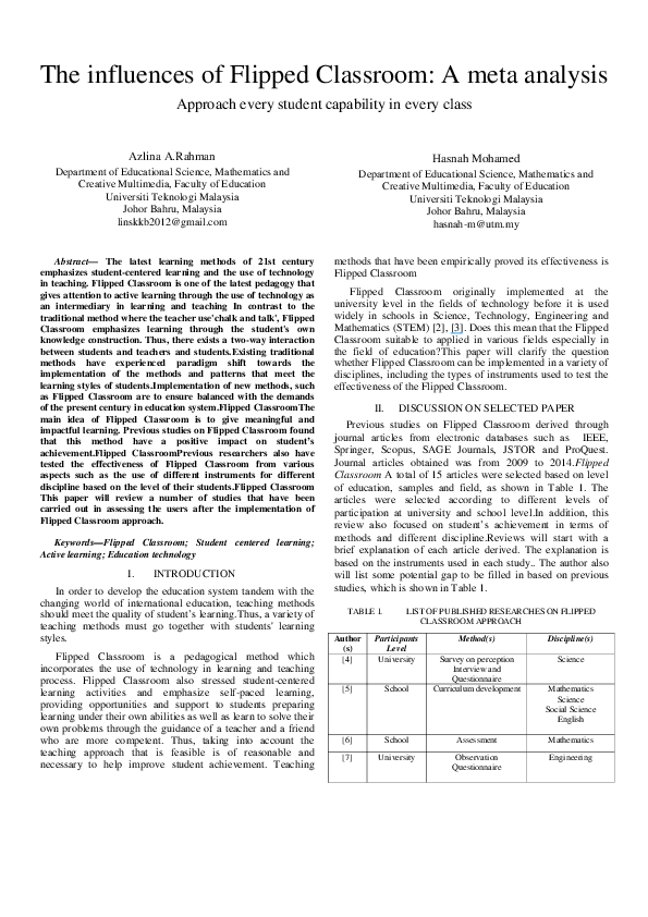 (PDF) The influences of Flipped Classroom full paper Hasnah Mohamed