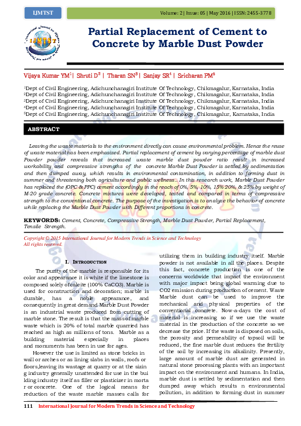 (PDF) Partial Replacement of Cement to Concrete by Marble Dust Powder