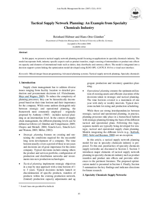 (PDF) Tactical Supply Network Planning: An Example from Specialty ...