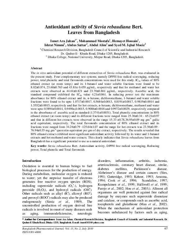 (PDF) Antioxidant activity of Stevia rebaudiana Bert. Leaves from