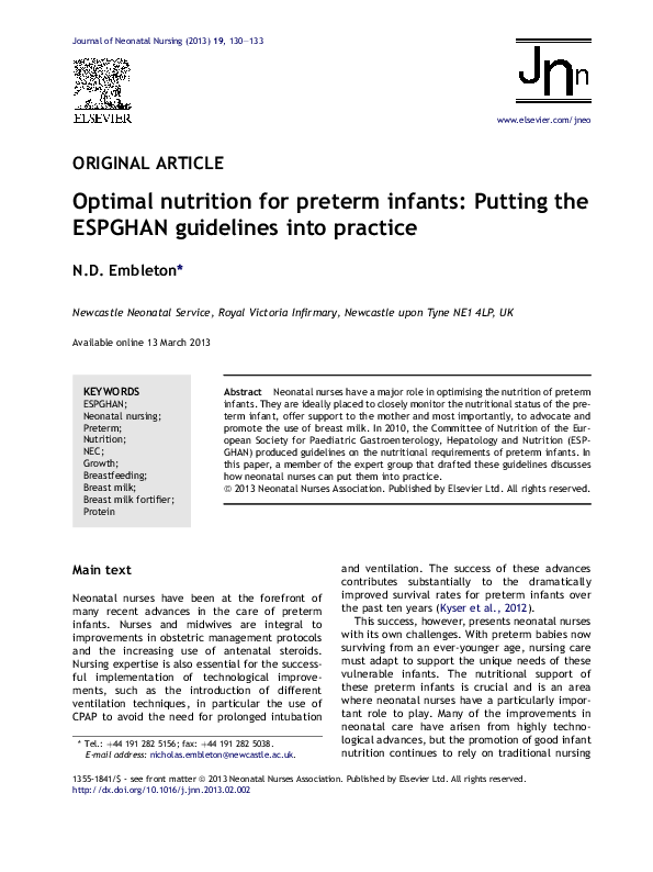 (PDF) Optimal nutrition for preterm infants: Putting the ESPGHAN guidelines into practice ...