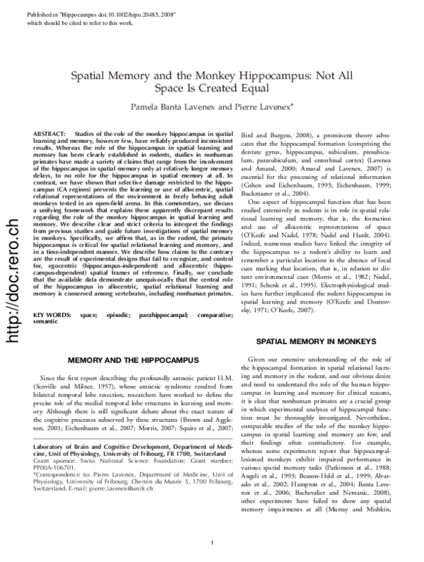 (PDF) Spatial memory and the monkey hippocampus: Not all space is ...
