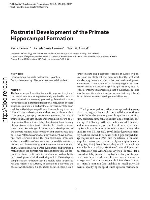 (PDF) Postnatal Development of the Primate Hippocampal Formation
