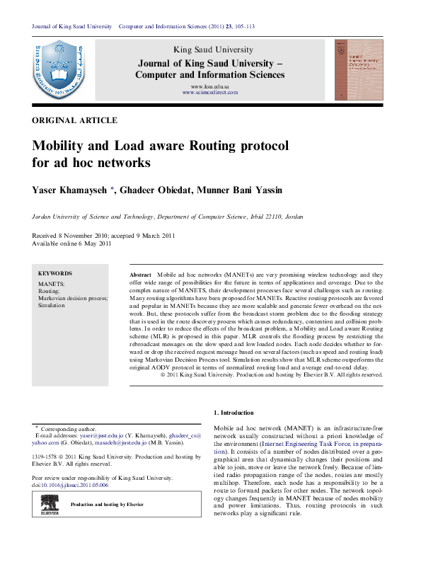 (PDF) Mobility and Load aware Routing protocol for ad hoc networks