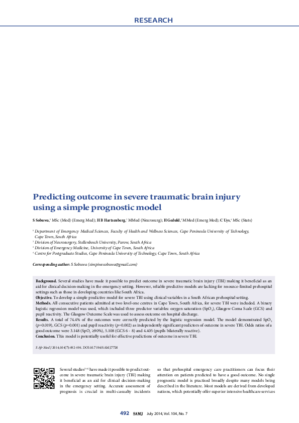(PDF) Predicting outcome in severe traumatic brain injury using a ...
