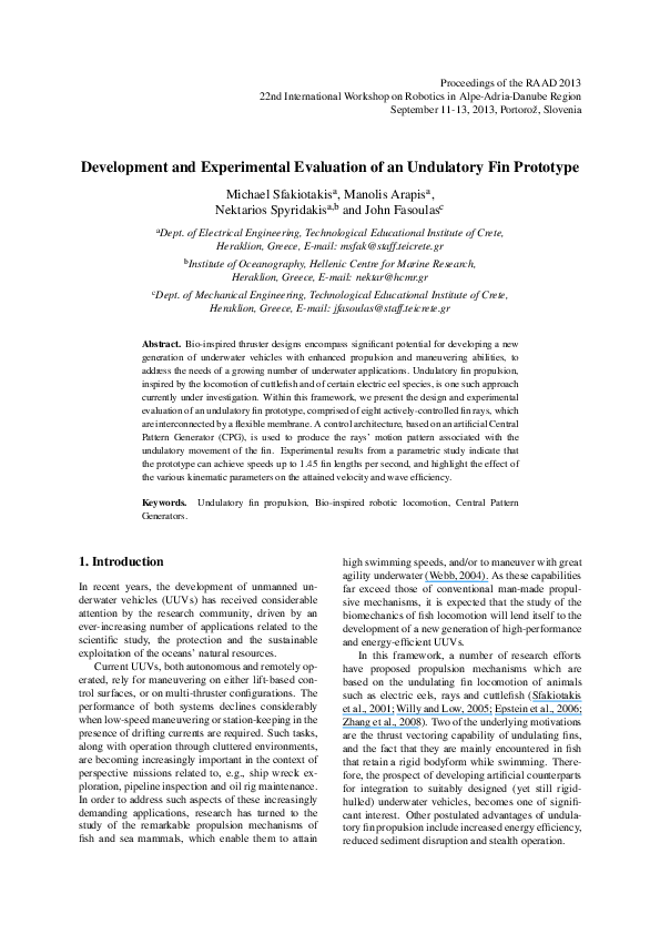 (PDF) Development and Experimental Evaluation of an Undulatory Fin ...