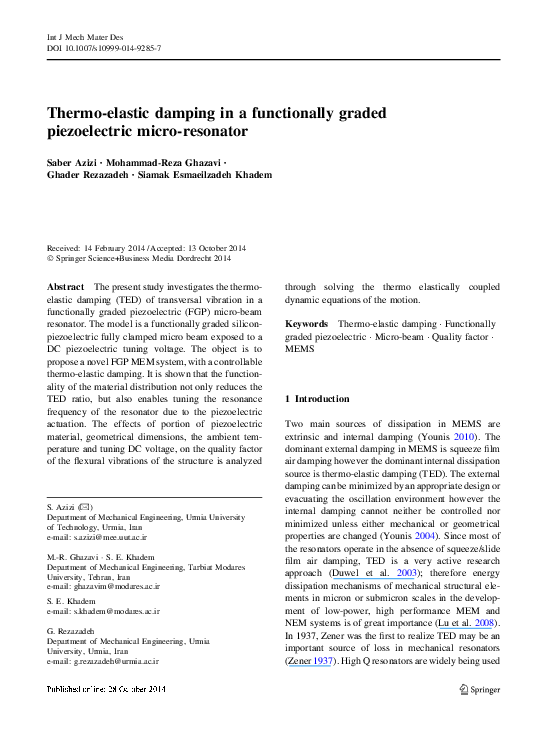 (PDF) Thermo-elastic damping in a functionally graded piezoelectric ...