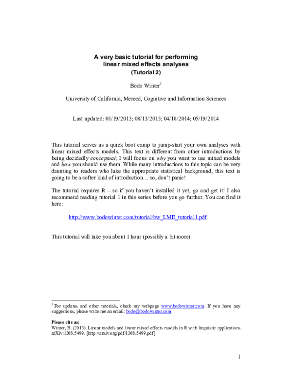(PDF) A very basic tutorial for performing linear mixed effects ...