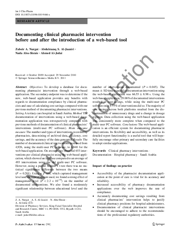 (PDF) Documenting clinical pharmacist intervention before and after the ...