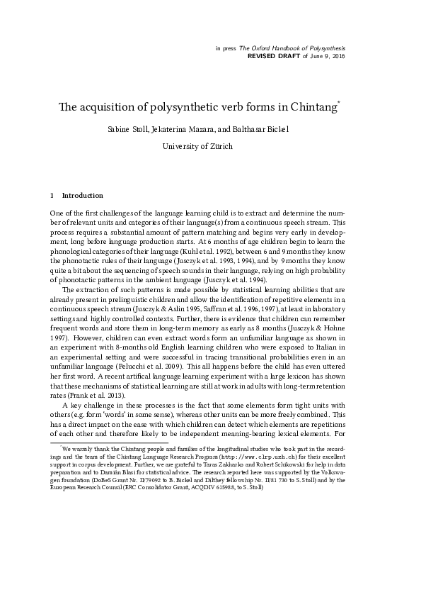 (PDF) The acquisition of polysynthetic verb forms in Chintang