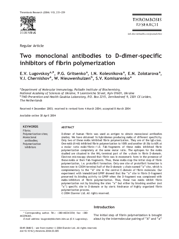 (PDF) Two monoclonal antibodies to D-dimer-specific inhibitors of ...