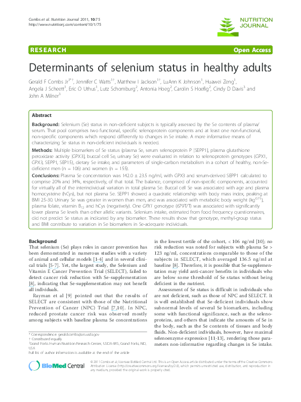 (PDF) Determinants of selenium status in healthy adults Lutz