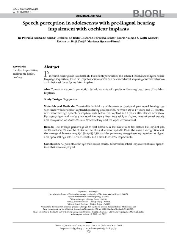 (PDF) Speech perception in adolescents with pre-lingual hearing ...