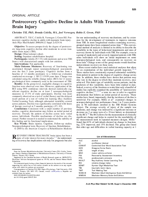 (PDF) Postrecovery Cognitive Decline in Adults With Traumatic Brain Injury