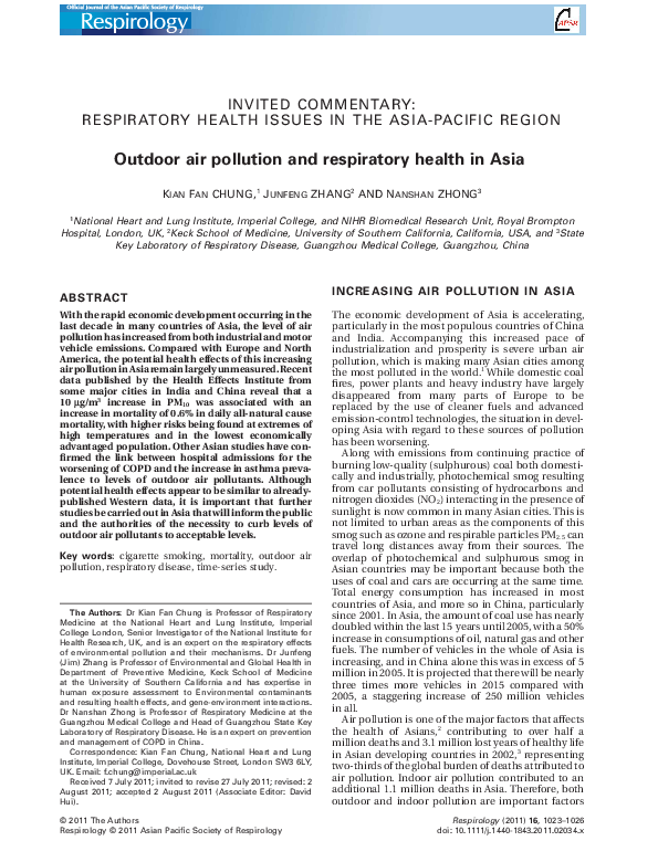 (PDF) Outdoor air pollution and respiratory health in Asia