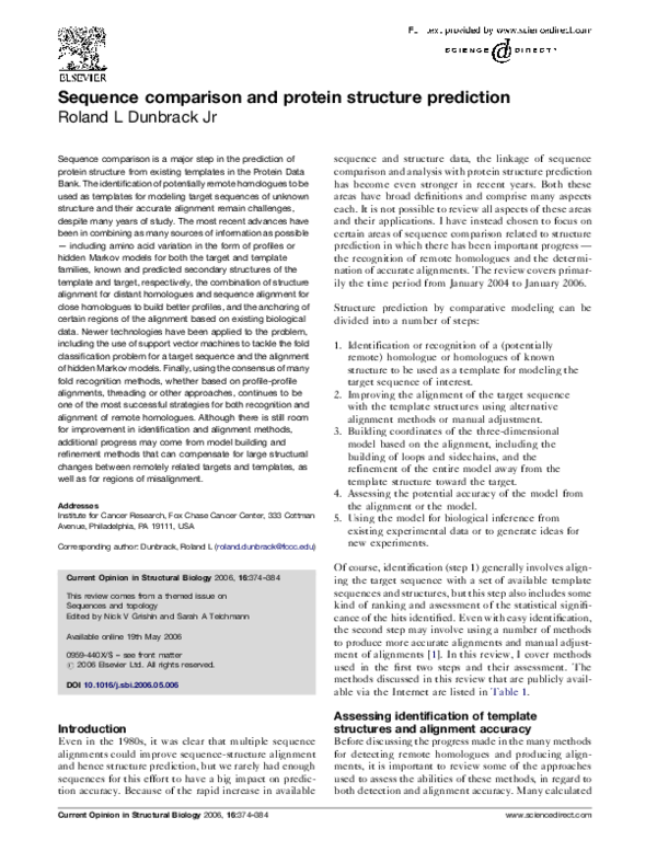 (PDF) Sequence comparison and protein structure prediction