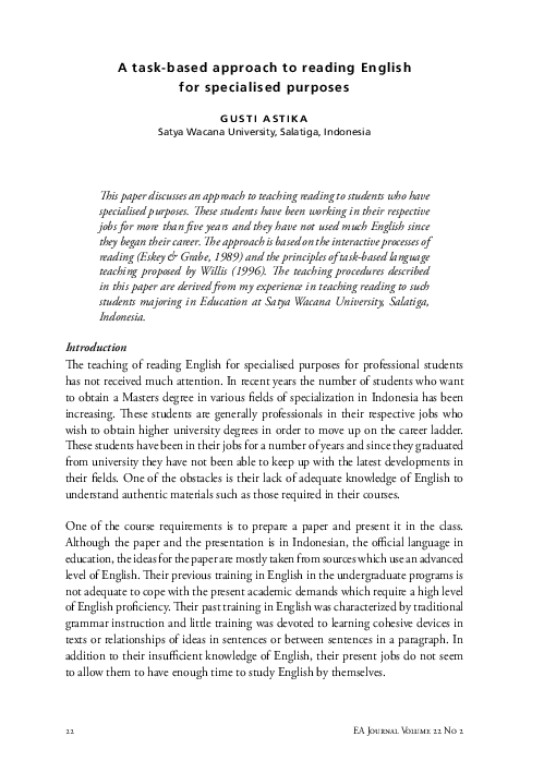 EA JOURNAL VOLUME 22 NO 2 A task-based approach to reading English for ...
