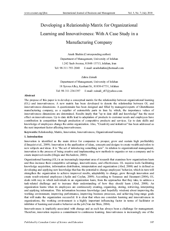 (PDF) Developing a Relationship Matrix for Organizational Learning and