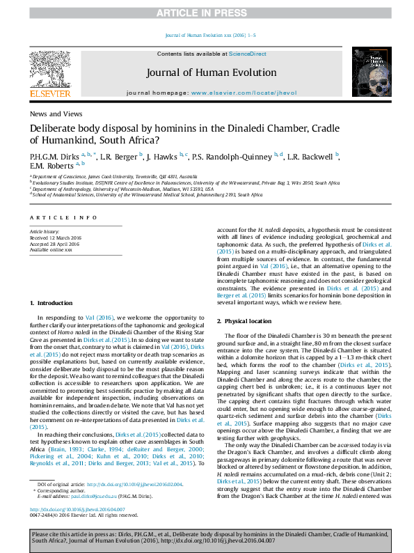 PDF) Deliberate body disposal by hominins in the Dinaledi