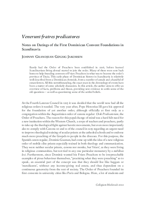 Venerunt fratres predicatores - Notes on Datings of the First Dominican Convent Foundations in Scandinavia
