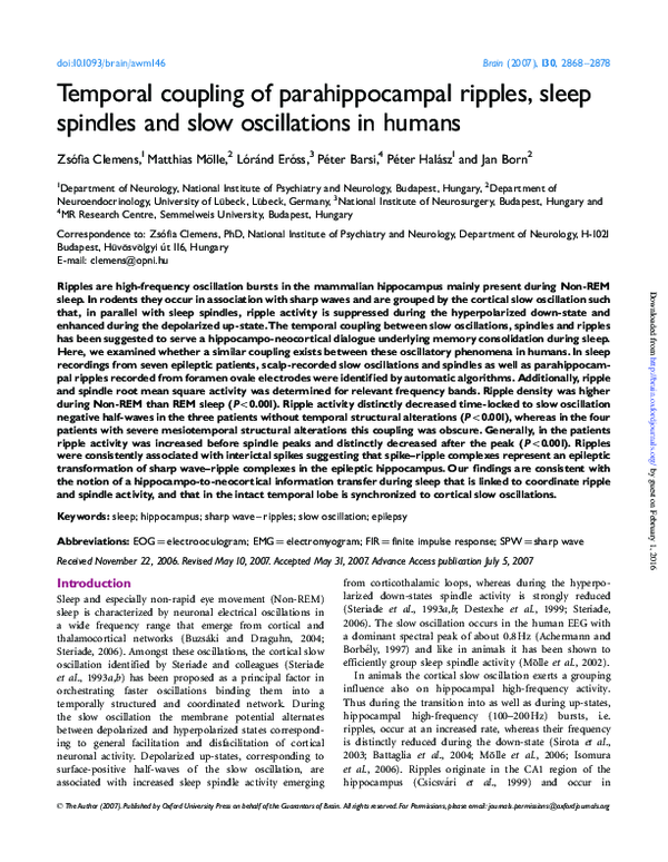 (PDF) Temporal coupling of parahippocampal ripples, sleep spindles and ...