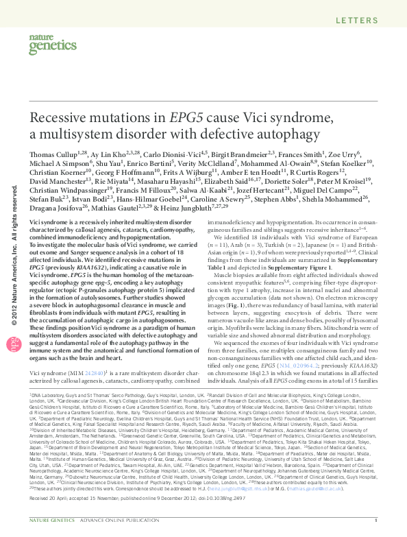 (PDF) Recessive mutations in EPG5 cause Vici syndrome, a multisystem ...