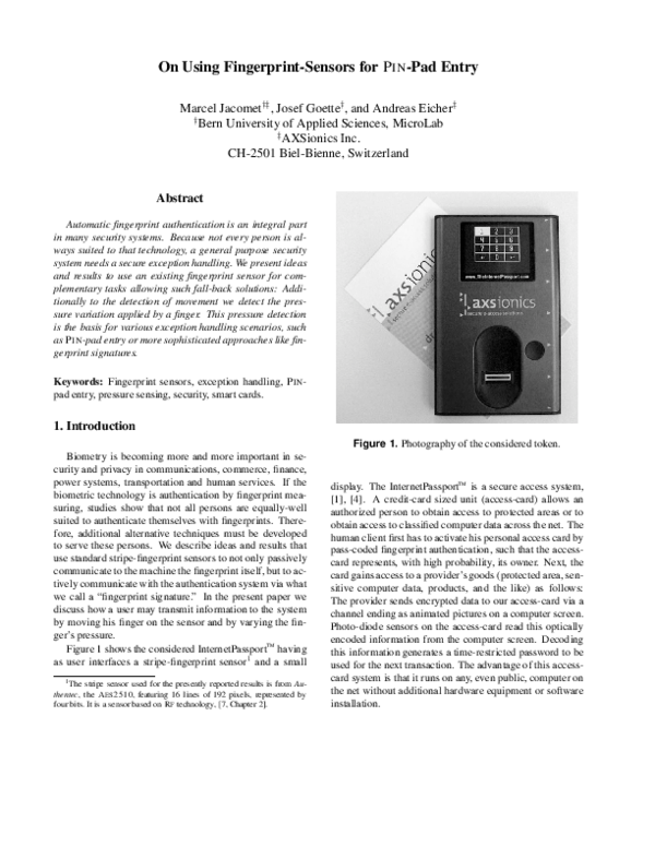 (PDF) On Using Fingerprint-Sensors for PIN-Pad Entry