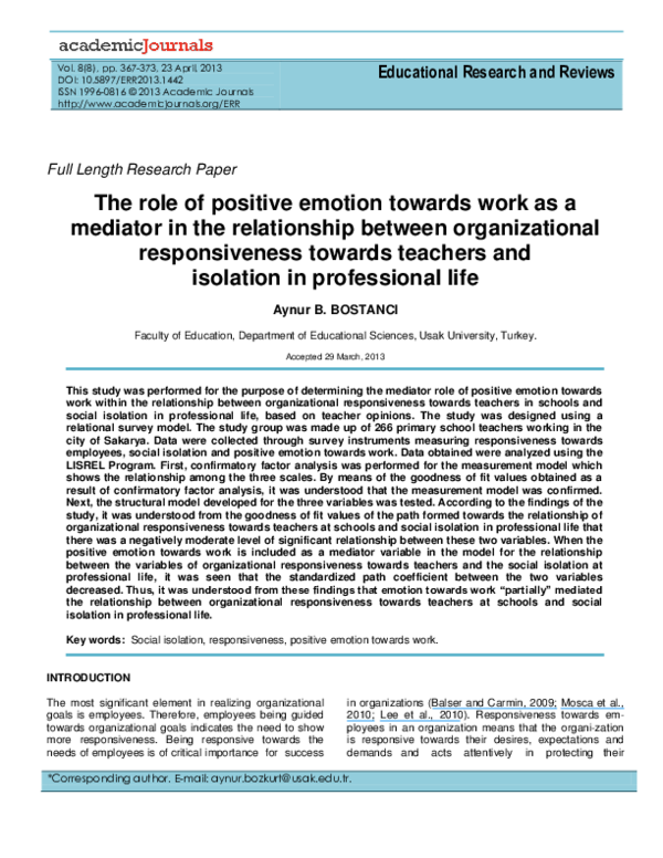 (PDF) The role of positive emotion towards work as a mediator in the ...