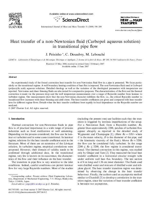 (PDF) Heat transfer of a non-Newtonian fluid (Carbopol aqueous solution ...