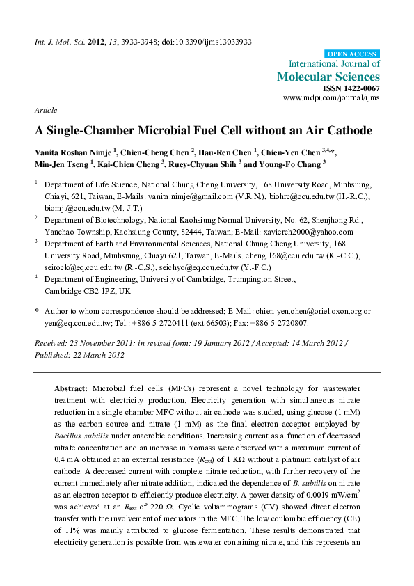 (PDF) A singlechamber microbial fuel cell without an air cathode Kai
