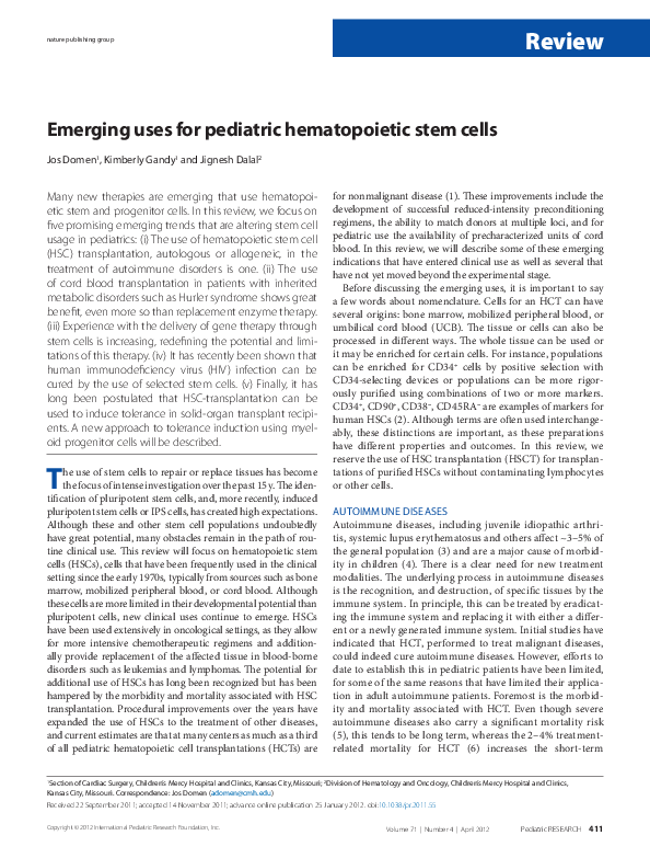 (PDF) Emerging uses for pediatric hematopoietic stem cells | Jos Domen ...