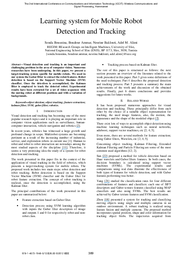 (PDF) Learning system for mobile robot detection and tracking