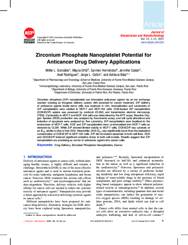 (PDF) Zirconium Phosphate Nanoplatelet Potential for Anticancer Drug Delivery Applications